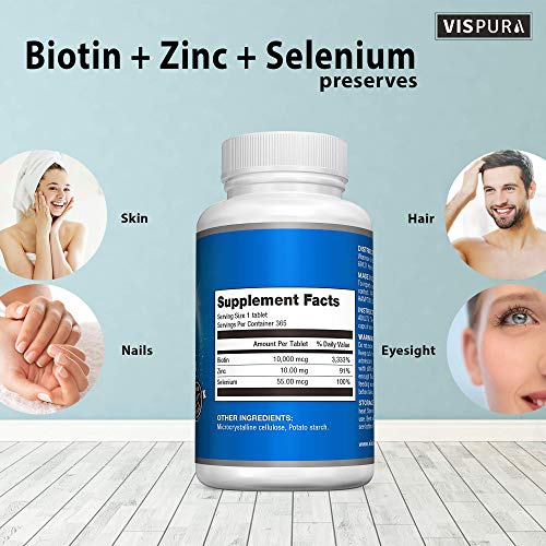 Biotin 10000 mcg vitamina B7 + zinc + selenio, puro, vegano y extra fuerte, Crecimiento del cabello, Piel brillante, Uñas fuertes